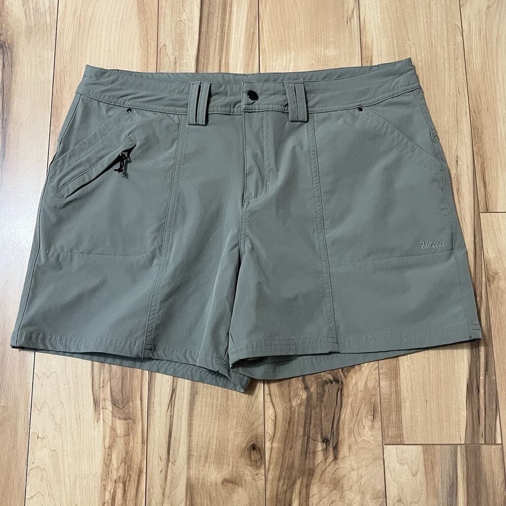 Willit Women's Nylon Hiking Shorts Sz 12 Khaki Green  4" Inseam Zip Pocket